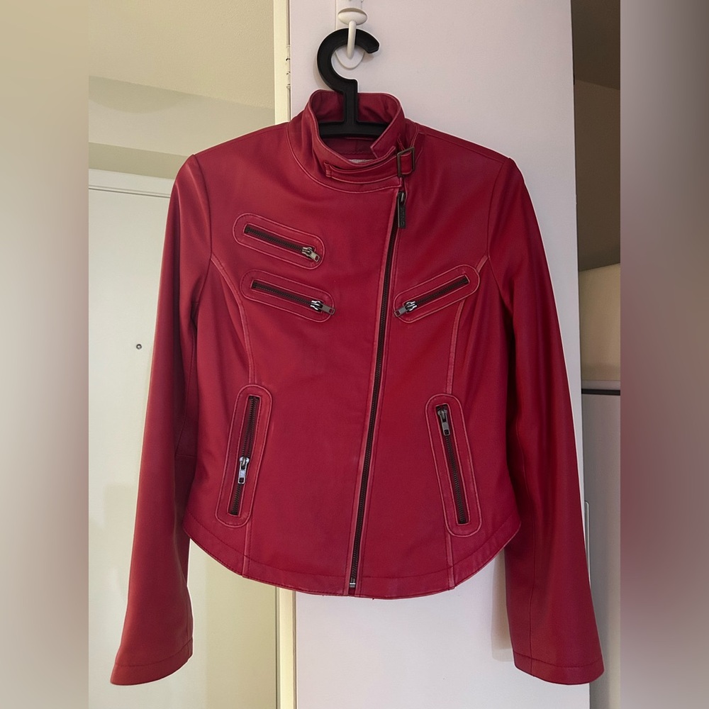 ONLY Red Lamb Leather Moto Biker Jacket – XS